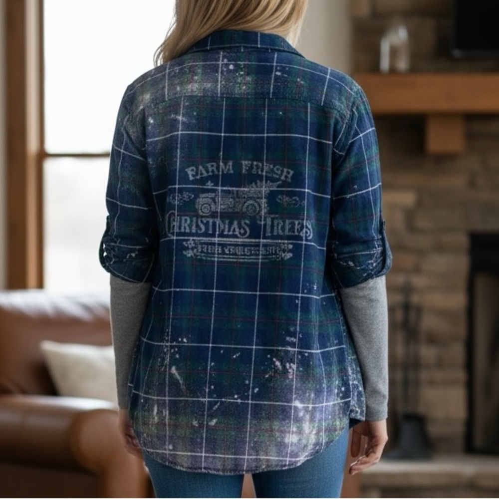 Distressed Upcycled Bleach Stained "Farm Fresh Christmas Tree" Flannel - Size XL